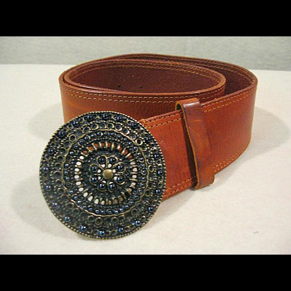 Boho Belt Big Buckle Medallion Wide Leather Belt Bohemian Hippie Vintage Belt - Picture 1 of 9